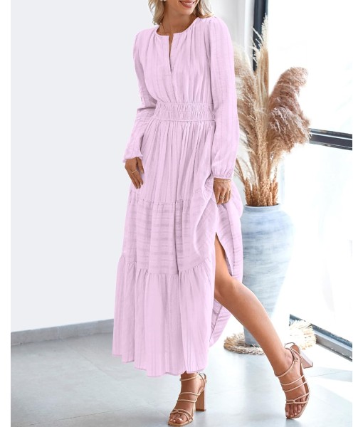 BTFBM Fall Dresses for Women 2025 Casual Long Sleeve V Neck Elastic Waist Lightweight Maxi Wedding Guest Dress Pockets