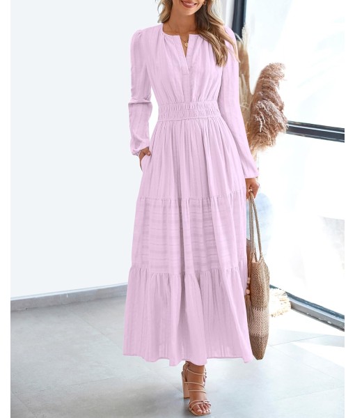 BTFBM Fall Dresses for Women 2025 Casual Long Sleeve V Neck Elastic Waist Lightweight Maxi Wedding Guest Dress Pockets