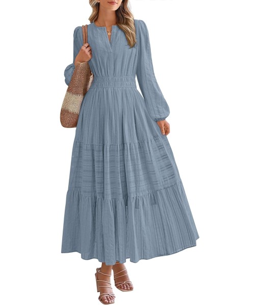 BTFBM Fall Dresses for Women 2025 Casual Long Sleeve V Neck Elastic Waist Lightweight Maxi Wedding Guest Dress Pockets