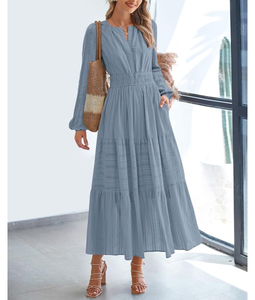 BTFBM Fall Dresses for Women 2025 Casual Long Sleeve V Neck Elastic Waist Lightweight Maxi Wedding Guest Dress Pockets