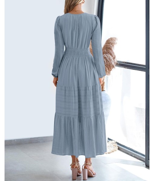 BTFBM Fall Dresses for Women 2025 Casual Long Sleeve V Neck Elastic Waist Lightweight Maxi Wedding Guest Dress Pockets