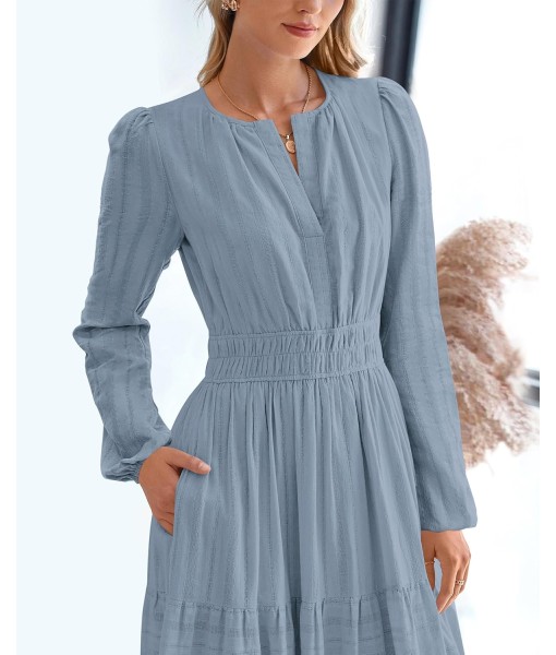 BTFBM Fall Dresses for Women 2025 Casual Long Sleeve V Neck Elastic Waist Lightweight Maxi Wedding Guest Dress Pockets