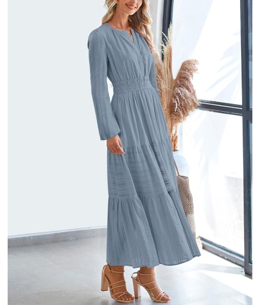 BTFBM Fall Dresses for Women 2025 Casual Long Sleeve V Neck Elastic Waist Lightweight Maxi Wedding Guest Dress Pockets