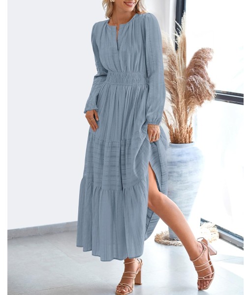 BTFBM Fall Dresses for Women 2025 Casual Long Sleeve V Neck Elastic Waist Lightweight Maxi Wedding Guest Dress Pockets