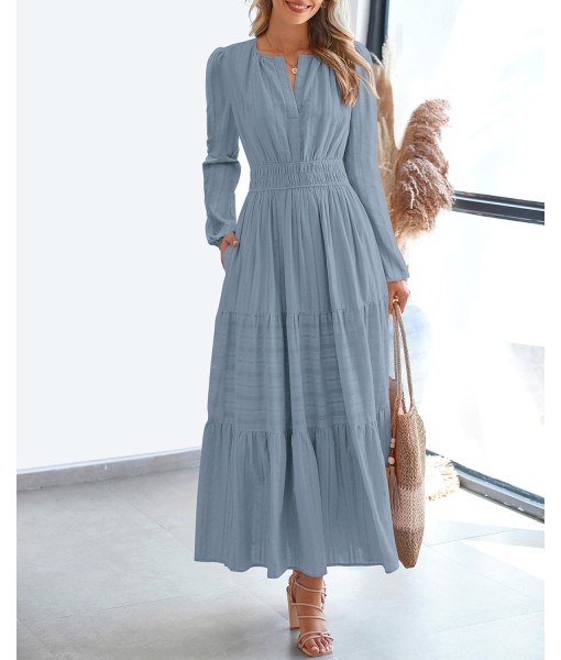 BTFBM Fall Dresses for Women 2025 Casual Long Sleeve V Neck Elastic Waist Lightweight Maxi Wedding Guest Dress Pockets