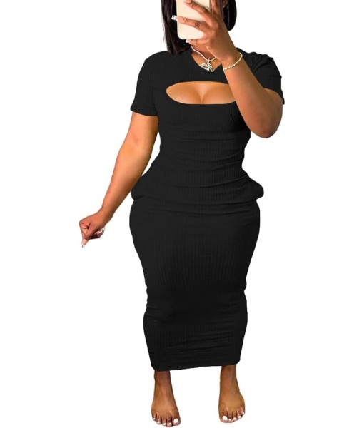 Women's Casual Short Sleeve Dress T Shirt Bodycon Dresses Ribbed V Neck Maxi Sundress Basic Party Club Dress with Pocket
