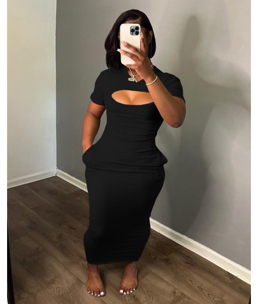 Women's Casual Short Sleeve Dress T Shirt Bodycon Dresses Ribbed V Neck Maxi Sundress Basic Party Club Dress with Pocket