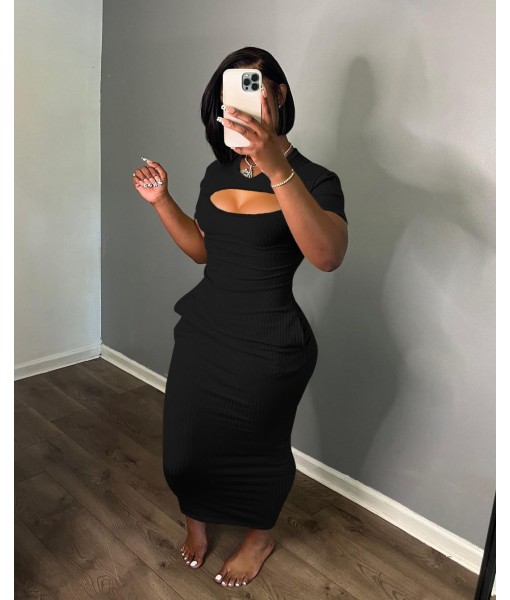 Women's Casual Short Sleeve Dress T Shirt Bodycon Dresses Ribbed V Neck Maxi Sundress Basic Party Club Dress with Pocket