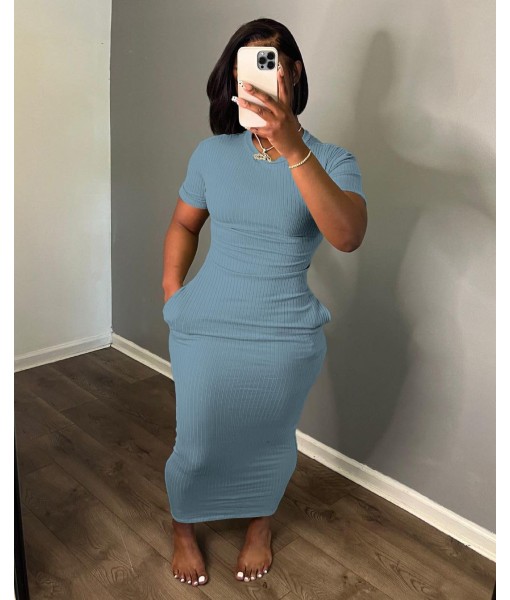 Women's Casual Short Sleeve Dress T Shirt Bodycon Dresses Ribbed V Neck Maxi Sundress Basic Party Club Dress with Pocket