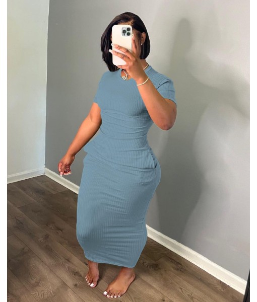 Women's Casual Short Sleeve Dress T Shirt Bodycon Dresses Ribbed V Neck Maxi Sundress Basic Party Club Dress with Pocket
