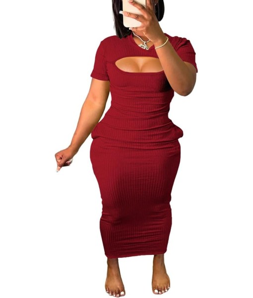 Women's Casual Short Sleeve Dress T Shirt Bodycon Dresses Ribbed V Neck Maxi Sundress Basic Party Club Dress with Pocket