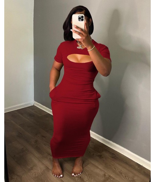 Women's Casual Short Sleeve Dress T Shirt Bodycon Dresses Ribbed V Neck Maxi Sundress Basic Party Club Dress with Pocket