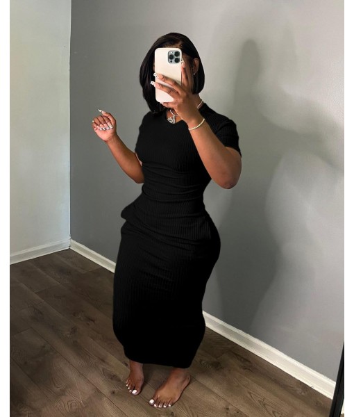 Women's Casual Short Sleeve Dress T Shirt Bodycon Dresses Ribbed V Neck Maxi Sundress Basic Party Club Dress with Pocket