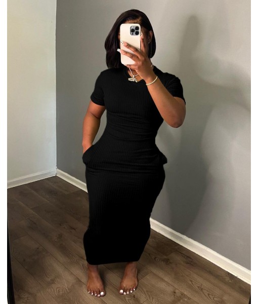 Women's Casual Short Sleeve Dress T Shirt Bodycon Dresses Ribbed V Neck Maxi Sundress Basic Party Club Dress with Pocket