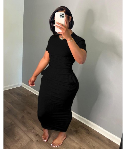 Women's Casual Short Sleeve Dress T Shirt Bodycon Dresses Ribbed V Neck Maxi Sundress Basic Party Club Dress with Pocket