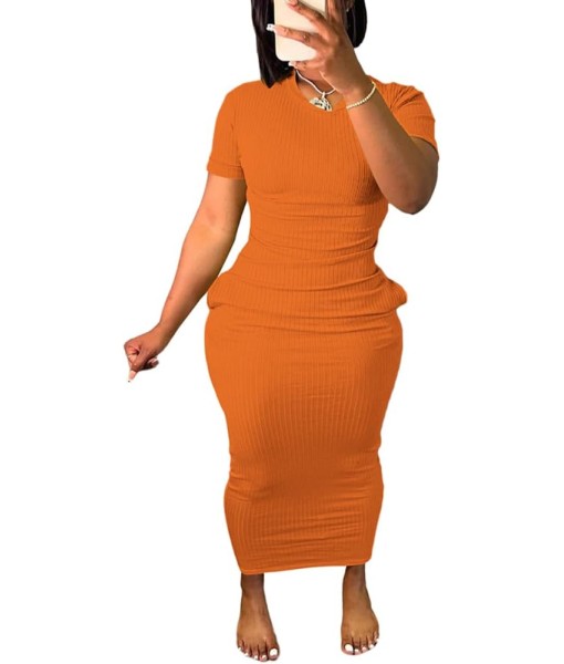Women's Casual Short Sleeve Dress T Shirt Bodycon Dresses Ribbed V Neck Maxi Sundress Basic Party Club Dress with Pocket