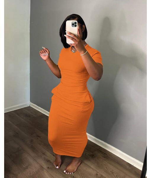 Women's Casual Short Sleeve Dress T Shirt Bodycon Dresses Ribbed V Neck Maxi Sundress Basic Party Club Dress with Pocket