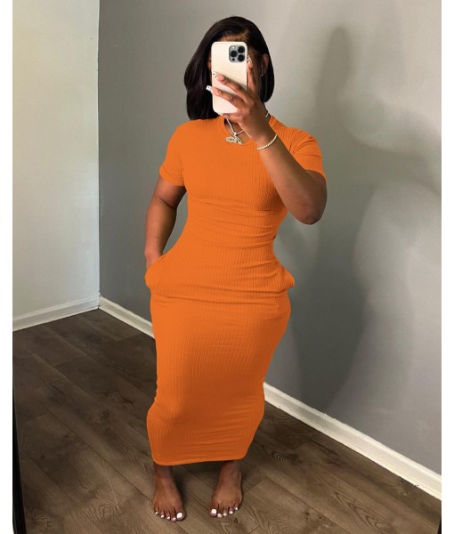 Women's Casual Short Sleeve Dress T Shirt Bodycon Dresses Ribbed V Neck Maxi Sundress Basic Party Club Dress with Pocket