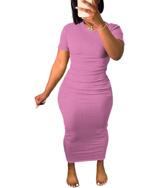 Women's Casual Short Sleeve Dress T Shirt Bodycon Dresses Ribbed V Neck Maxi Sundress Basic Party Club Dress with Pocket