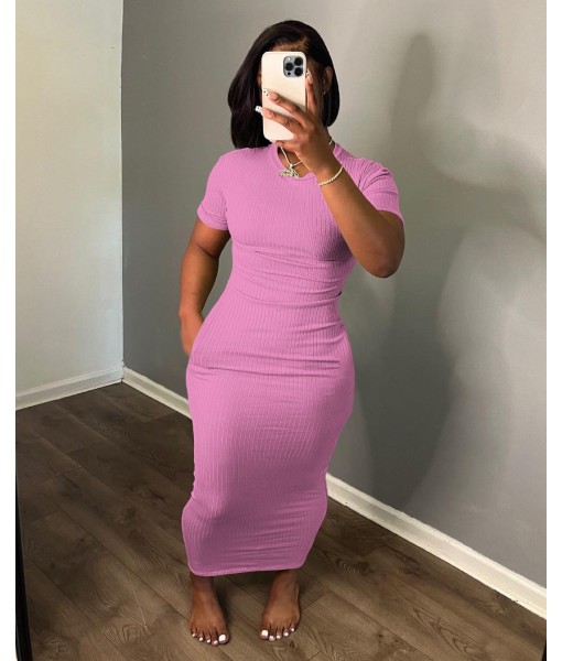 Women's Casual Short Sleeve Dress T Shirt Bodycon Dresses Ribbed V Neck Maxi Sundress Basic Party Club Dress with Pocket