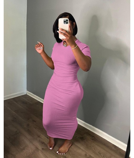 Women's Casual Short Sleeve Dress T Shirt Bodycon Dresses Ribbed V Neck Maxi Sundress Basic Party Club Dress with Pocket
