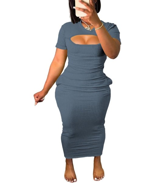 Women's Casual Short Sleeve Dress T Shirt Bodycon Dresses Ribbed V Neck Maxi Sundress Basic Party Club Dress with Pocket