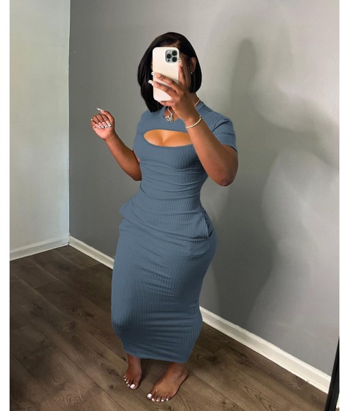 Women's Casual Short Sleeve Dress T Shirt Bodycon Dresses Ribbed V Neck Maxi Sundress Basic Party Club Dress with Pocket