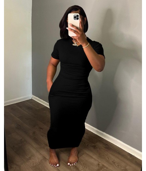 Women's Casual Short Sleeve Dress T Shirt Bodycon Dresses Ribbed V Neck Maxi Sundress Basic Party Club Dress with Pocket