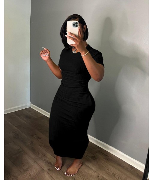Women's Casual Short Sleeve Dress T Shirt Bodycon Dresses Ribbed V Neck Maxi Sundress Basic Party Club Dress with Pocket