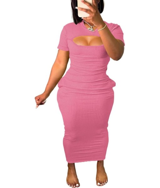 Women's Casual Short Sleeve Dress T Shirt Bodycon Dresses Ribbed V Neck Maxi Sundress Basic Party Club Dress with Pocket
