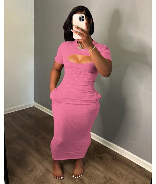 Women's Casual Short Sleeve Dress T Shirt Bodycon Dresses Ribbed V Neck Maxi Sundress Basic Party Club Dress with Pocket