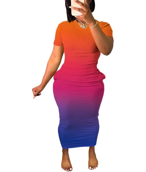 Women's Casual Short Sleeve Dress T Shirt Bodycon Dresses Ribbed V Neck Maxi Sundress Basic Party Club Dress with Pocket