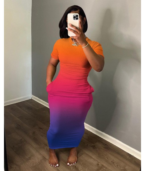 Women's Casual Short Sleeve Dress T Shirt Bodycon Dresses Ribbed V Neck Maxi Sundress Basic Party Club Dress with Pocket