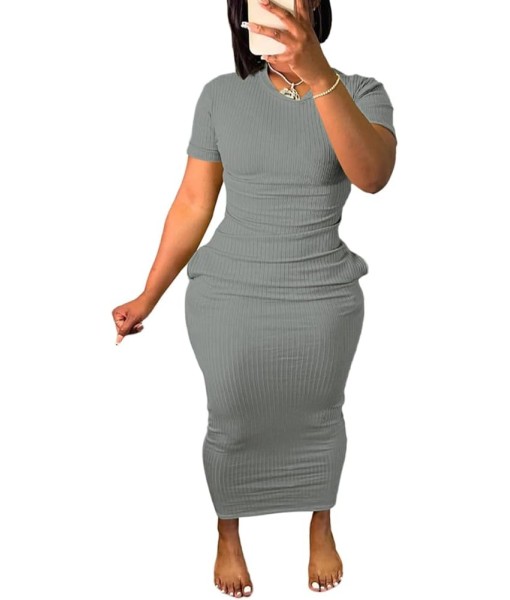Women's Casual Short Sleeve Dress T Shirt Bodycon Dresses Ribbed V Neck Maxi Sundress Basic Party Club Dress with Pocket