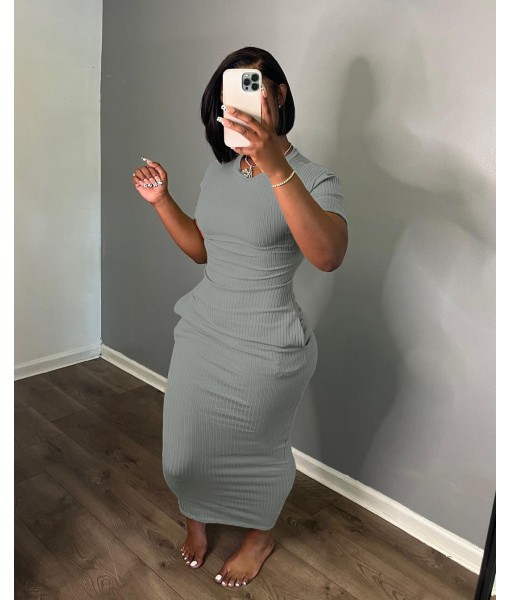 Women's Casual Short Sleeve Dress T Shirt Bodycon Dresses Ribbed V Neck Maxi Sundress Basic Party Club Dress with Pocket