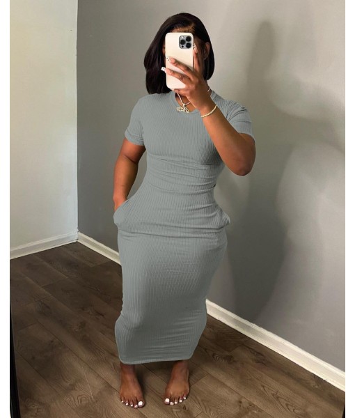 Women's Casual Short Sleeve Dress T Shirt Bodycon Dresses Ribbed V Neck Maxi Sundress Basic Party Club Dress with Pocket