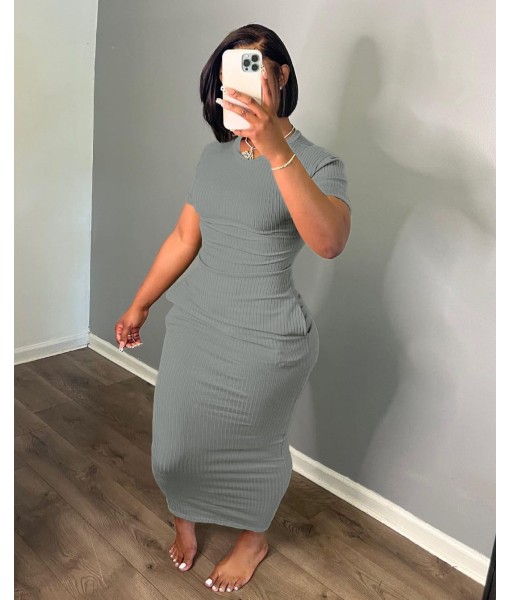 Women's Casual Short Sleeve Dress T Shirt Bodycon Dresses Ribbed V Neck Maxi Sundress Basic Party Club Dress with Pocket