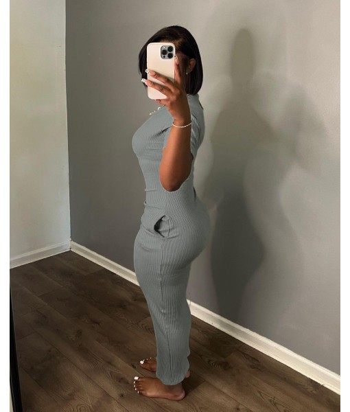 Women's Casual Short Sleeve Dress T Shirt Bodycon Dresses Ribbed V Neck Maxi Sundress Basic Party Club Dress with Pocket