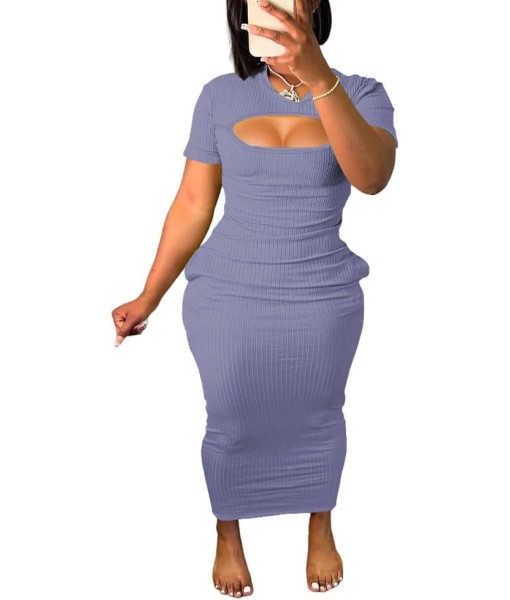 Women's Casual Short Sleeve Dress T Shirt Bodycon Dresses Ribbed V Neck Maxi Sundress Basic Party Club Dress with Pocket