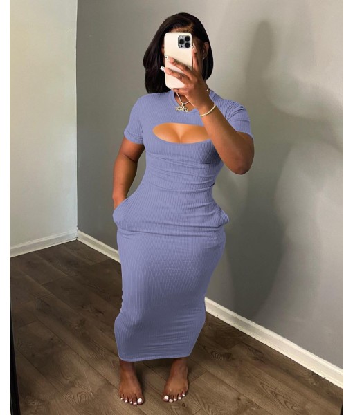 Women's Casual Short Sleeve Dress T Shirt Bodycon Dresses Ribbed V Neck Maxi Sundress Basic Party Club Dress with Pocket