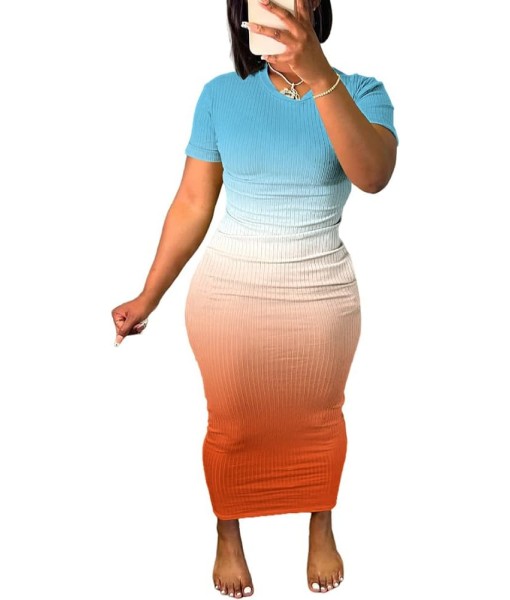 Women's Casual Short Sleeve Dress T Shirt Bodycon Dresses Ribbed V Neck Maxi Sundress Basic Party Club Dress with Pocket