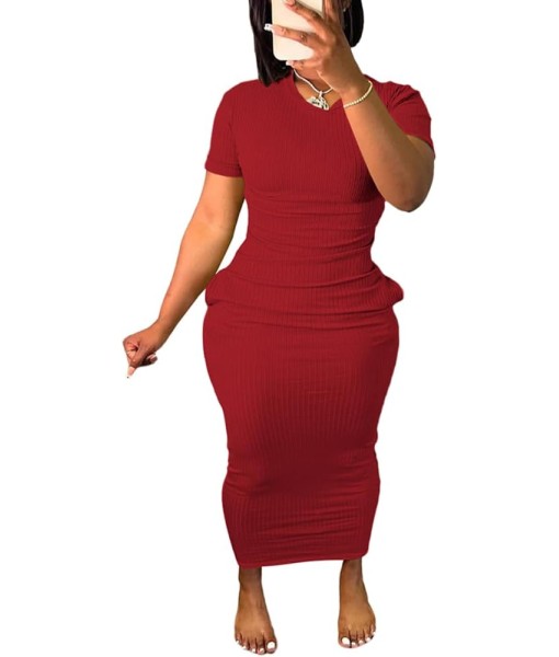 Women's Casual Short Sleeve Dress T Shirt Bodycon Dresses Ribbed V Neck Maxi Sundress Basic Party Club Dress with Pocket