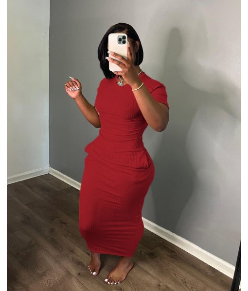 Women's Casual Short Sleeve Dress T Shirt Bodycon Dresses Ribbed V Neck Maxi Sundress Basic Party Club Dress with Pocket