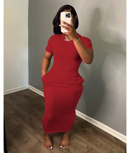 Women's Casual Short Sleeve Dress T Shirt Bodycon Dresses Ribbed V Neck Maxi Sundress Basic Party Club Dress with Pocket