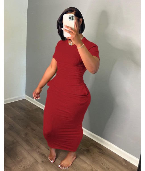 Women's Casual Short Sleeve Dress T Shirt Bodycon Dresses Ribbed V Neck Maxi Sundress Basic Party Club Dress with Pocket