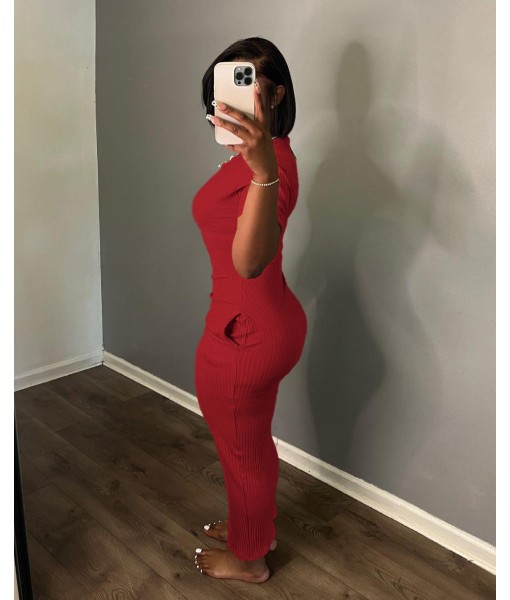 Women's Casual Short Sleeve Dress T Shirt Bodycon Dresses Ribbed V Neck Maxi Sundress Basic Party Club Dress with Pocket