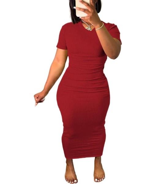 Women's Casual Short Sleeve Dress T Shirt Bodycon Dresses Ribbed V Neck Maxi Sundress Basic Party Club Dress with Pocket
