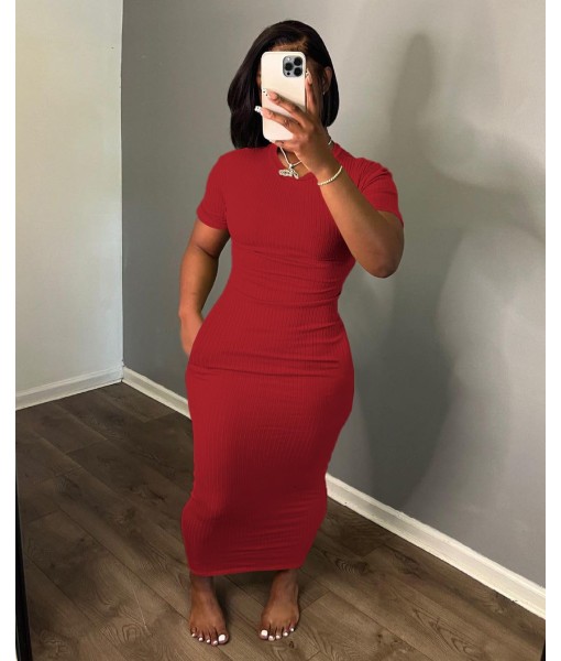 Women's Casual Short Sleeve Dress T Shirt Bodycon Dresses Ribbed V Neck Maxi Sundress Basic Party Club Dress with Pocket