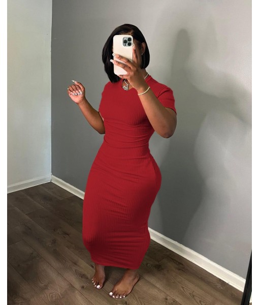 Women's Casual Short Sleeve Dress T Shirt Bodycon Dresses Ribbed V Neck Maxi Sundress Basic Party Club Dress with Pocket
