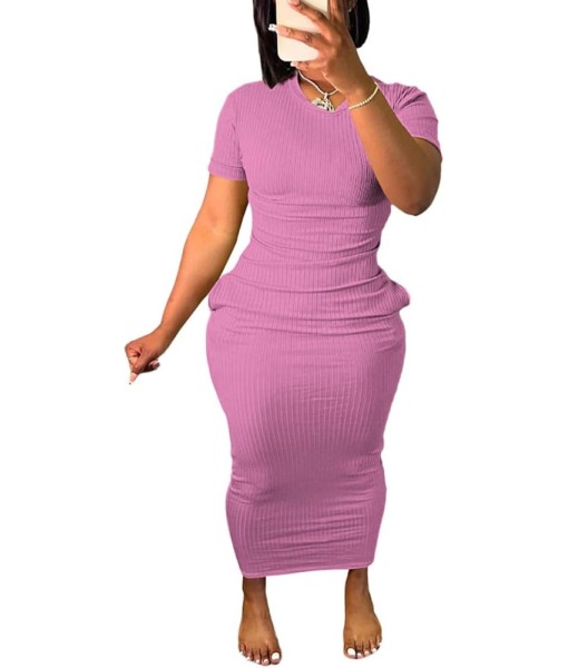 Women's Casual Short Sleeve Dress T Shirt Bodycon Dresses Ribbed V Neck Maxi Sundress Basic Party Club Dress with Pocket